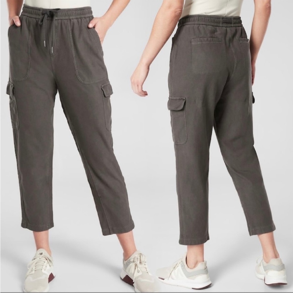 EXC! Athleta Farallon Cargo Crop Pants Gray Green Pull On Stretch Cotton Joggers